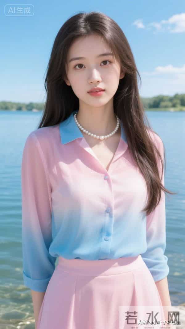 粉蓝渐变纱衫搭浅蓝裙,珍珠链衬柔清,是湖畔边的甜氧少女感