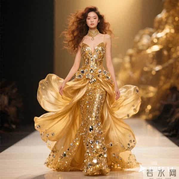 时尚潮流礼服设计师款玫瑰金色挂脖款重工礼服