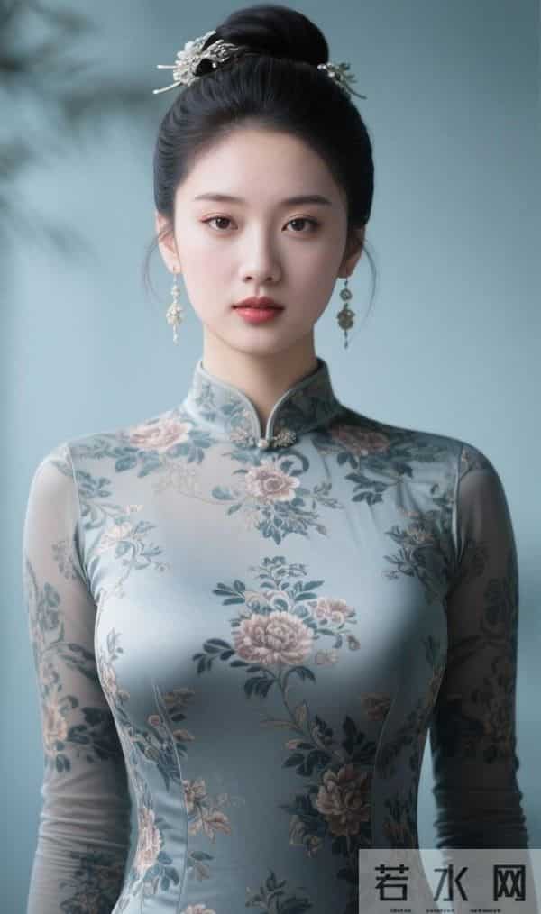 绣牡丹花的灰色旗袍