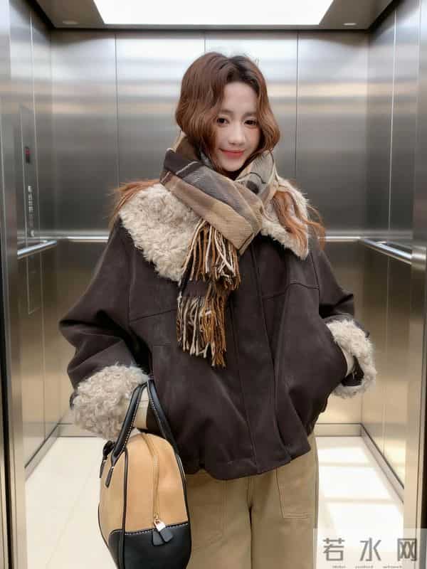 咖棕毛绒领羽绒服，冬日复古氛围感
