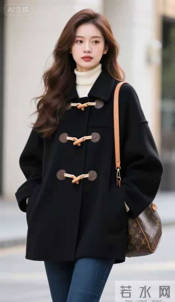 穿黑大衣与牛仔裤的魁力