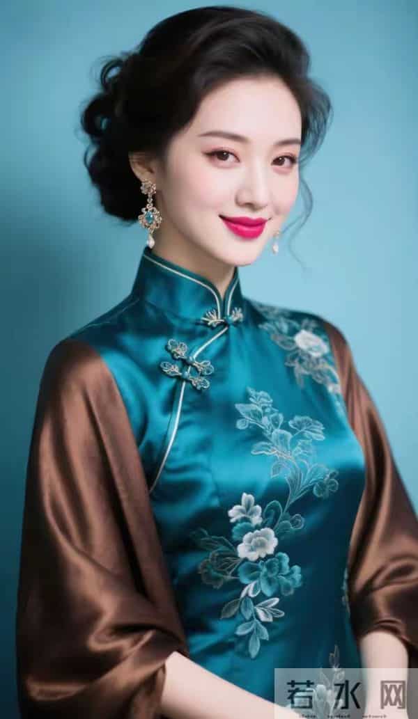 蓝丝绸旗袍与褐色披肩