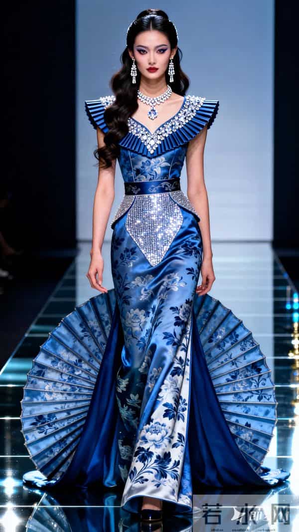 现代美人，古典和现代相结合 T台之上，绝世容颜，大波浪半扎长发