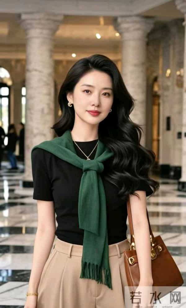 黑色短袖衫与绿围巾