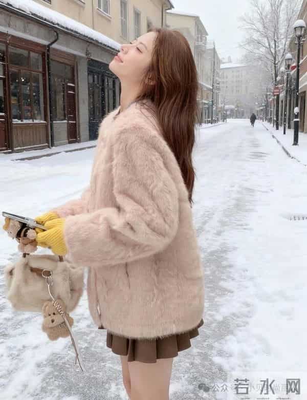 粉绒外套撞黄手套，甜妹冬日甜暖氛围感拉满