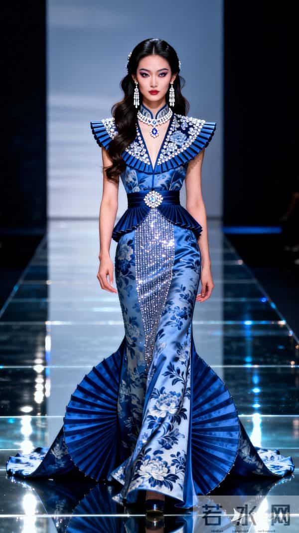 现代美人，古典和现代相结合 T台之上，绝世容颜，大波浪半扎长发