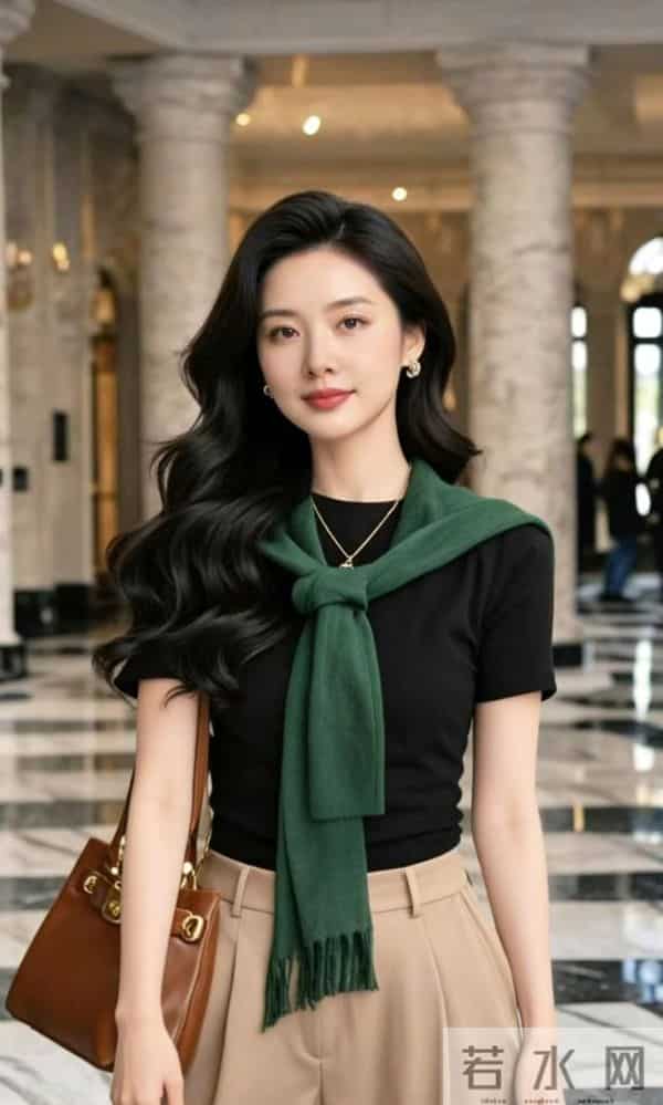 黑色短袖衫与绿围巾