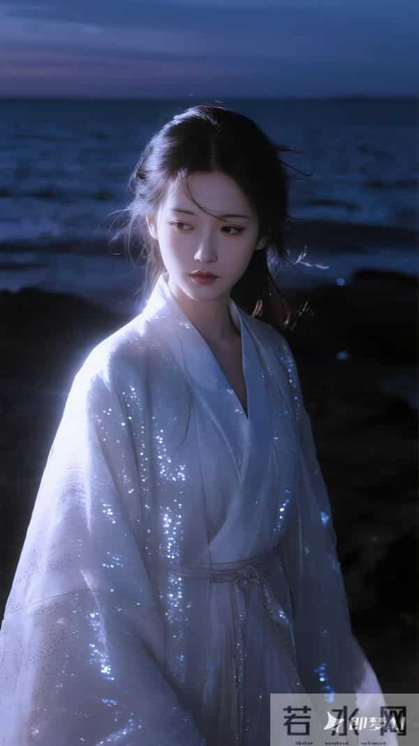 孤独，晚风，长发，迷茫，女，大风，白色色亮片大袖汉服