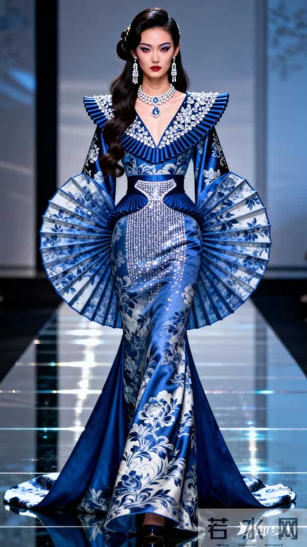 现代美人，古典和现代相结合 T台之上，绝世容颜，大波浪半扎长发