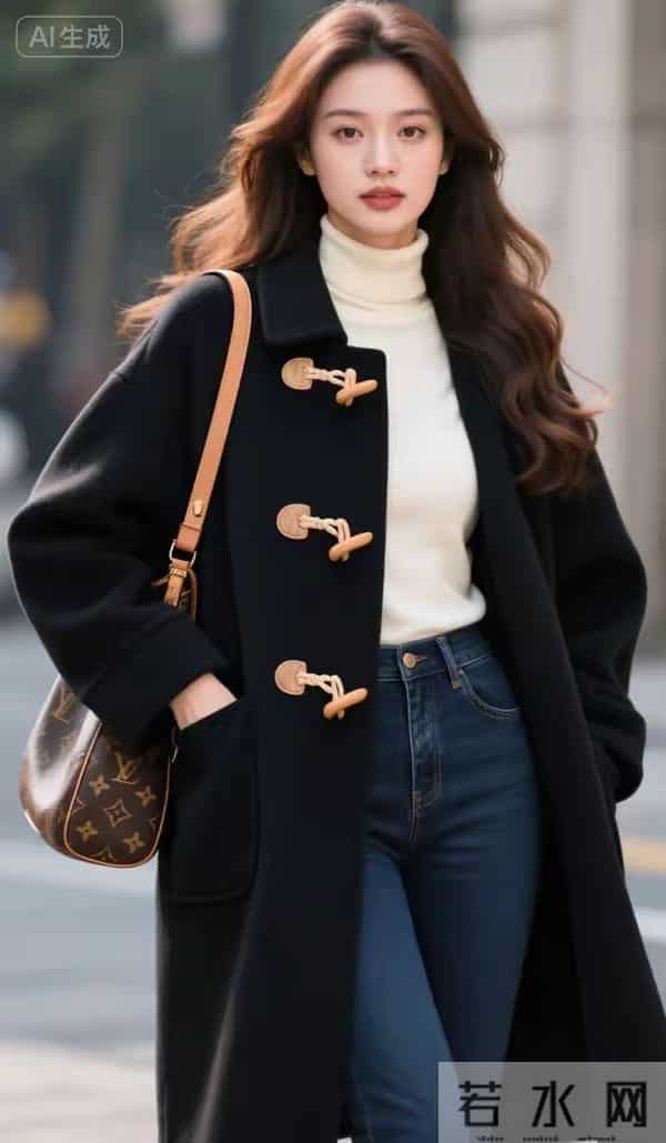 穿黑大衣与牛仔裤的魁力