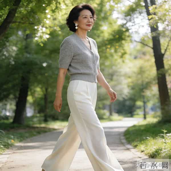 55岁姐姐穿搭新密码：阔腿裤+浅色系，优雅减龄超有范儿