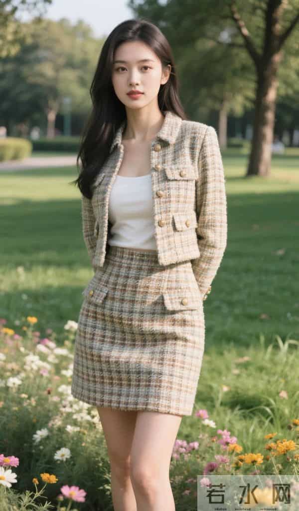 粗花呢格纹套裙，草坪氛围感好绝