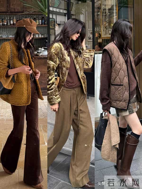 外企通勤别愁,“利落咖色羽绒+同色系细节+质感配饰”优雅低奢