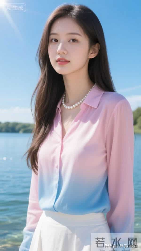 粉蓝渐变纱衫搭浅蓝裙,珍珠链衬柔清,是湖畔边的甜氧少女感