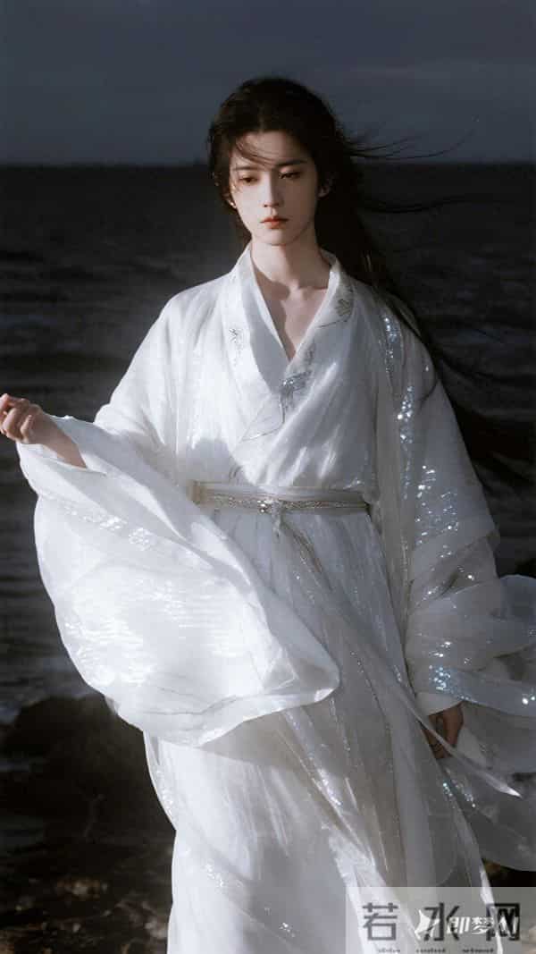 孤独，晚风，长发，迷茫，女，大风，白色色亮片大袖汉服