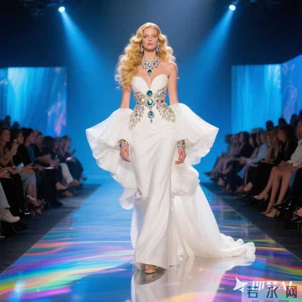 华丽灯光闪耀的走秀T台，地面彩色波光粼粼，T台下两侧坐满观众