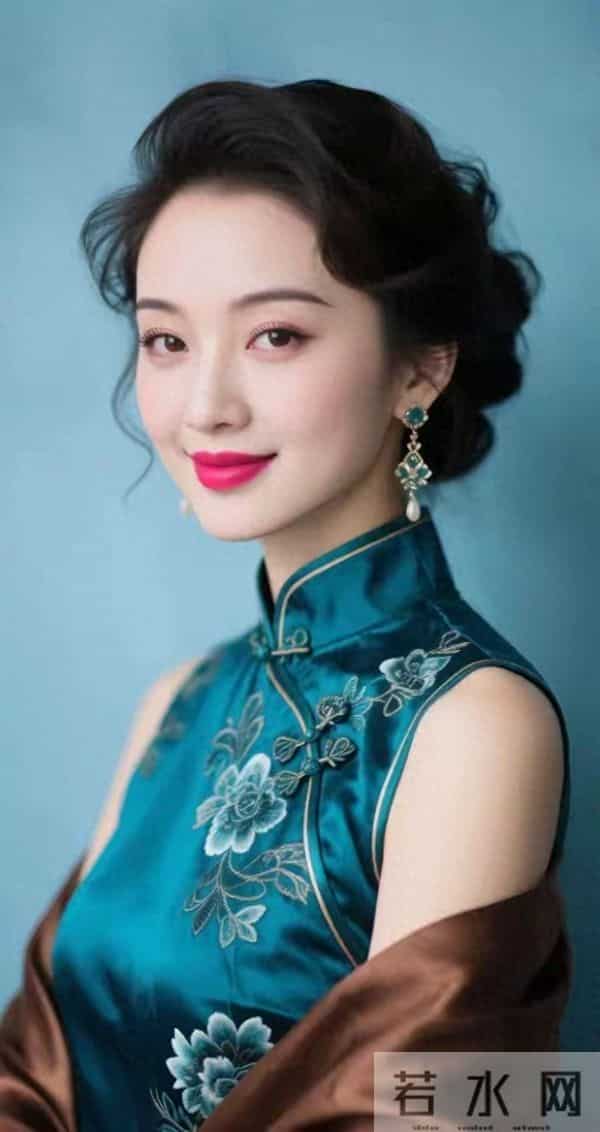 蓝丝绸旗袍与褐色披肩