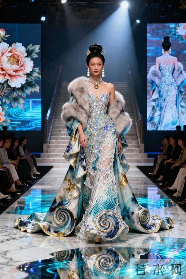 整体有氛围感高级感，背景要有大屏，有大T台，T台宽阔