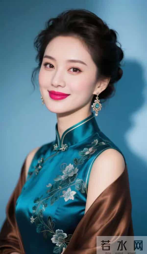 蓝丝绸旗袍与褐色披肩