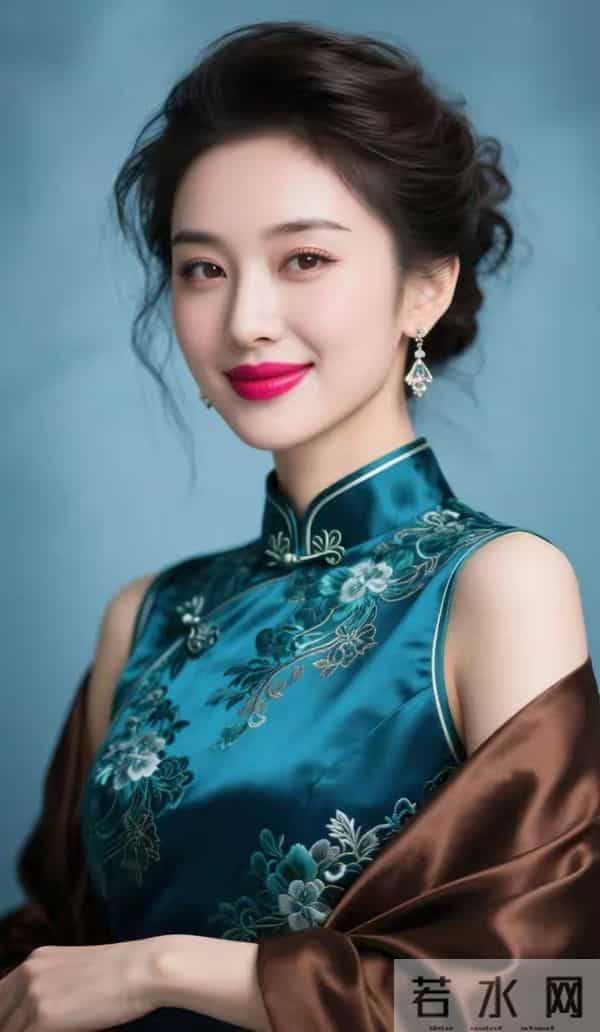 蓝丝绸旗袍与褐色披肩