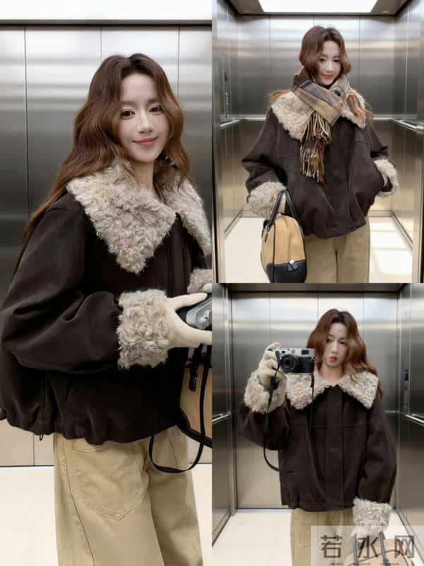 咖棕毛绒领羽绒服，冬日复古氛围感