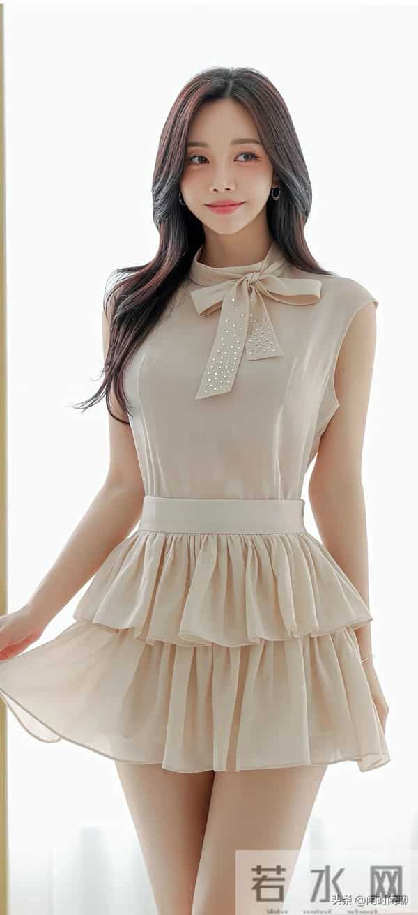 立领蝴蝶结束腰，双层荷叶边短裙，浅米色雪纺。