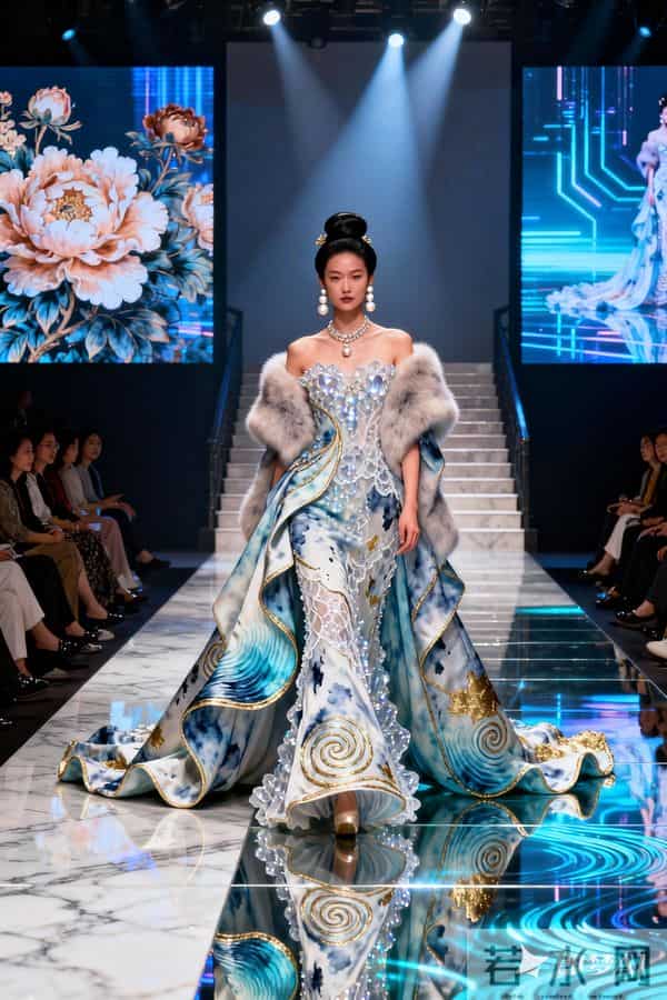 整体有氛围感高级感，背景要有大屏，有大T台，T台宽阔