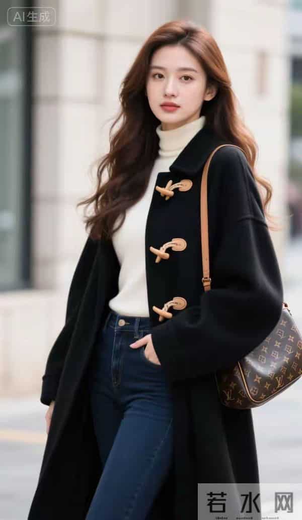 穿黑大衣与牛仔裤的魁力