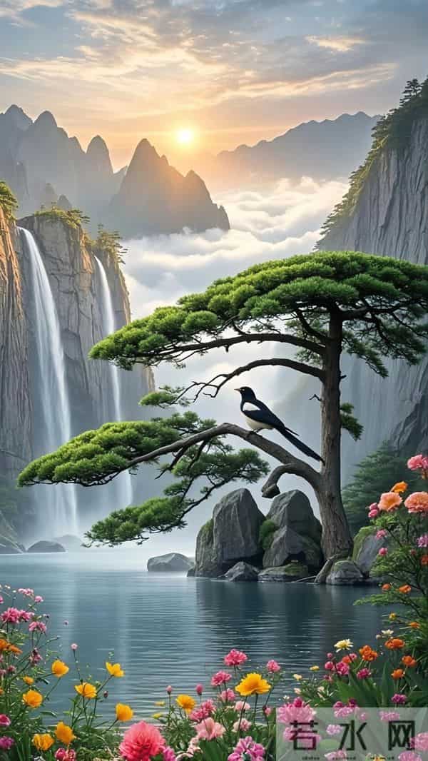 能量头像～山水画卷：松迎旭日，飞瀑流泉，花绽幽谷。