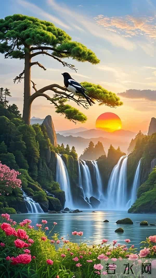 能量头像～山水画卷：松迎旭日，飞瀑流泉，花绽幽谷。