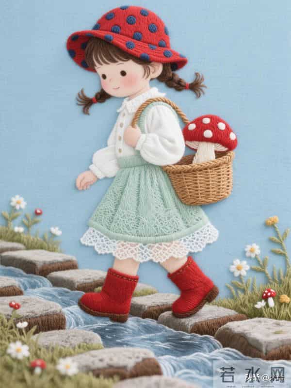 采蘑菇的小姑娘，刺绣美图，每一针都是热爱