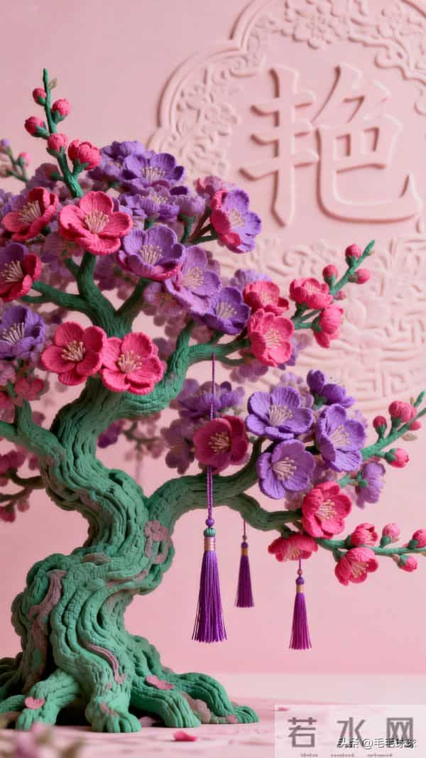 玫紫破粉黛，一树立体花朵，绽放在东方画卷