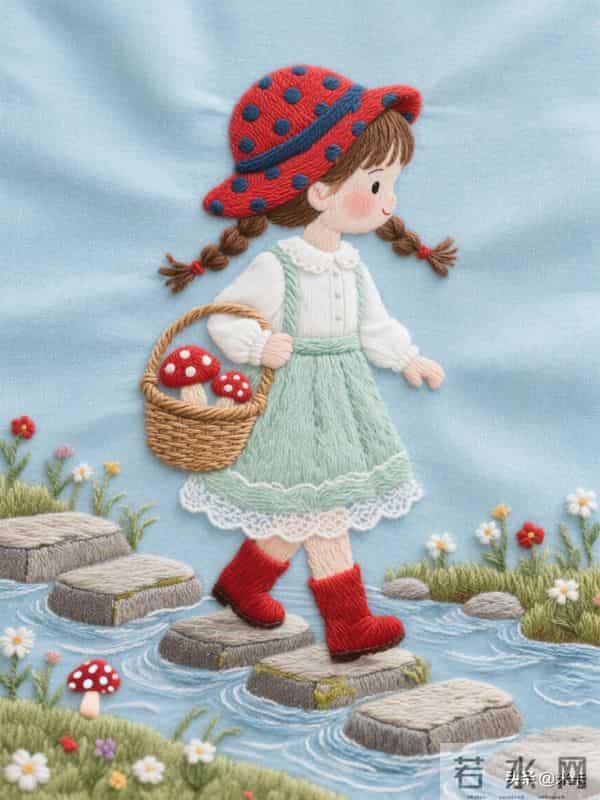采蘑菇的小姑娘，刺绣美图，每一针都是热爱