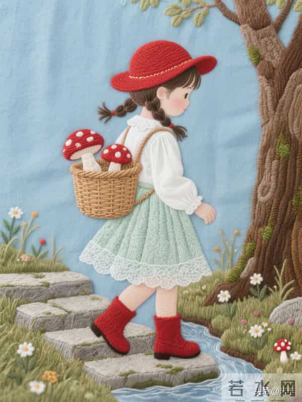 采蘑菇的小姑娘，刺绣美图，每一针都是热爱