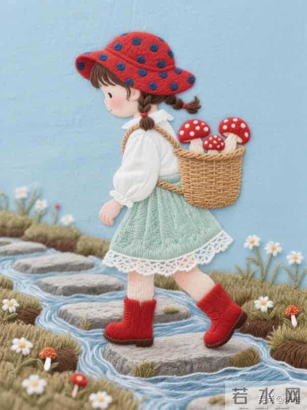 采蘑菇的小姑娘，刺绣美图，每一针都是热爱