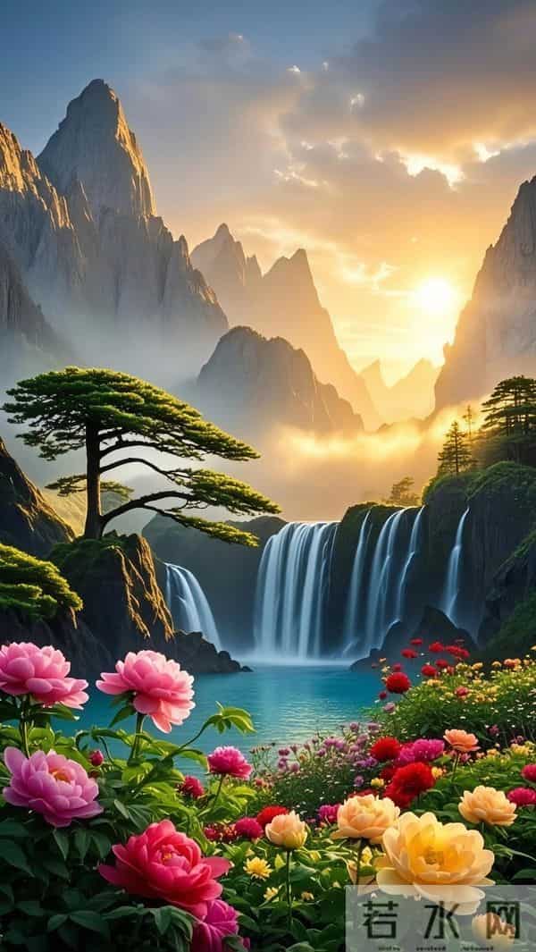 能量头像～山水画卷：松迎旭日，飞瀑流泉，花绽幽谷。
