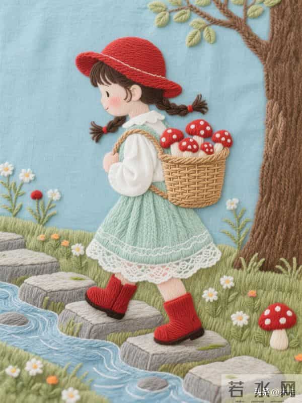 采蘑菇的小姑娘，刺绣美图，每一针都是热爱