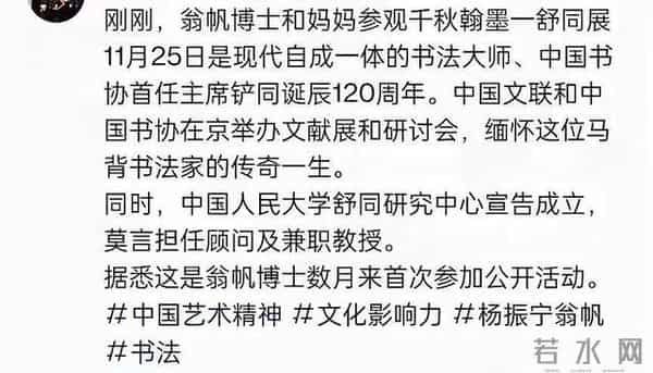 杨振宁去世后，翁帆首现身，与母亲一起看展，眼睛依旧浮肿