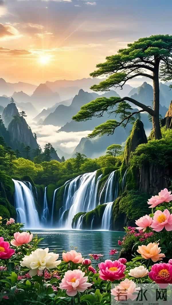 能量头像～山水画卷：松迎旭日，飞瀑流泉，花绽幽谷。