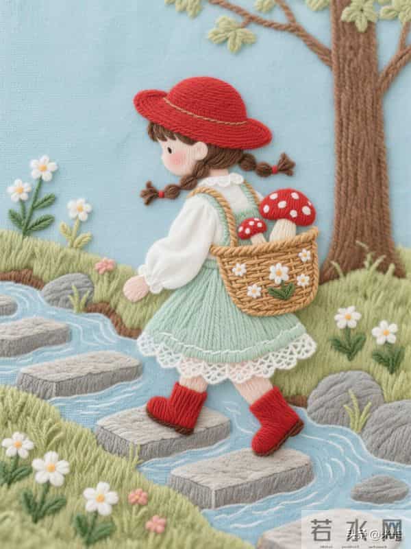 采蘑菇的小姑娘，刺绣美图，每一针都是热爱