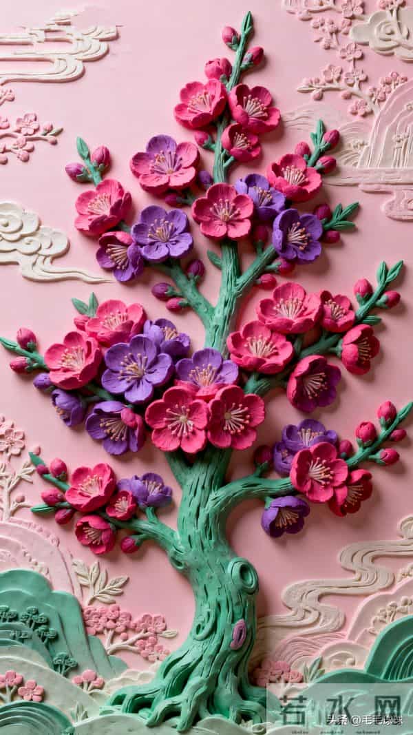 玫紫破粉黛，一树立体花朵，绽放在东方画卷