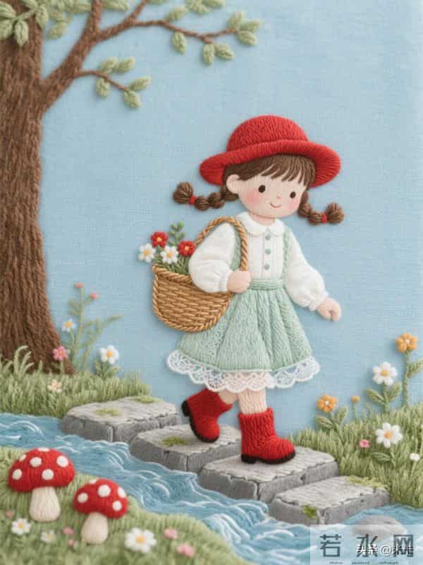 采蘑菇的小姑娘，刺绣美图，每一针都是热爱