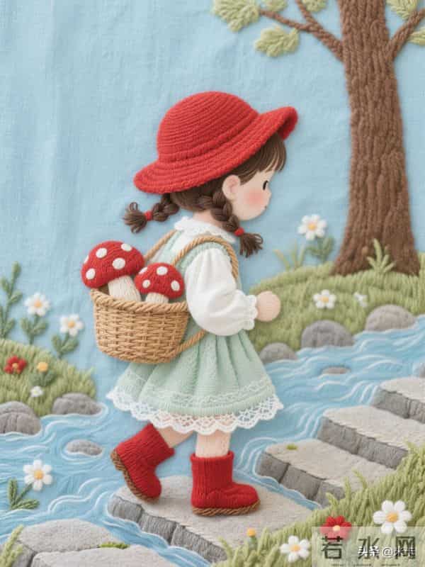 采蘑菇的小姑娘，刺绣美图，每一针都是热爱