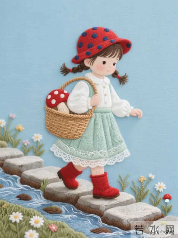采蘑菇的小姑娘，刺绣美图，每一针都是热爱