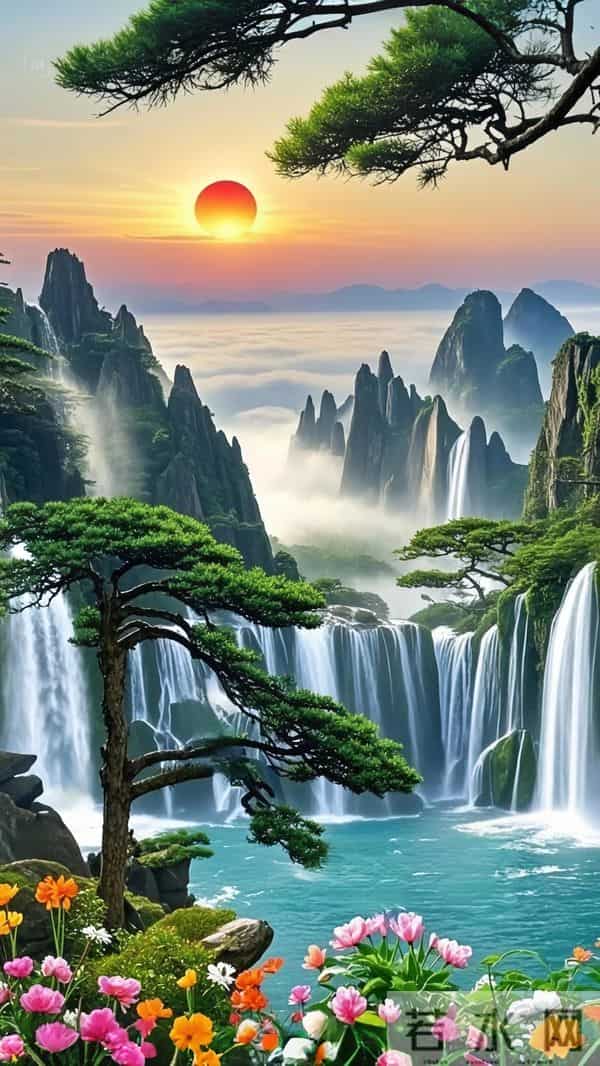 能量头像～山水画卷：松迎旭日，飞瀑流泉，花绽幽谷。
