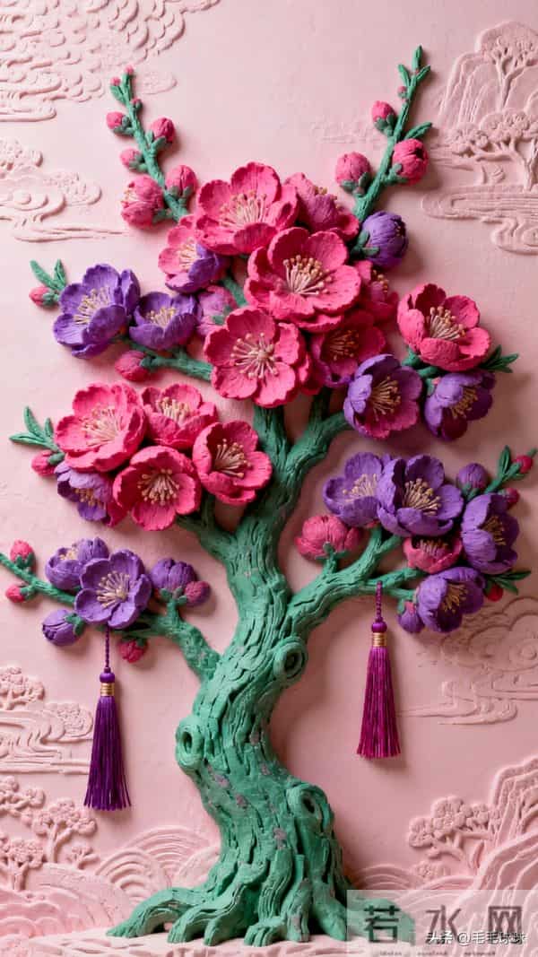 玫紫破粉黛，一树立体花朵，绽放在东方画卷