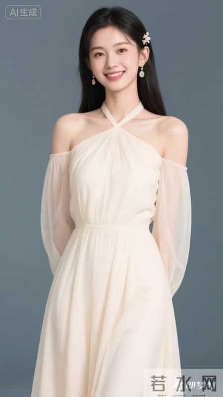 挂脖露肩设计连衣裙，薄纱材质自带通透感