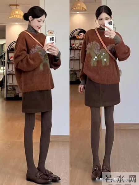 一裙多穿：休闲减龄棕色半身裙+德训鞋秋冬棕色系的百变通勤风，
