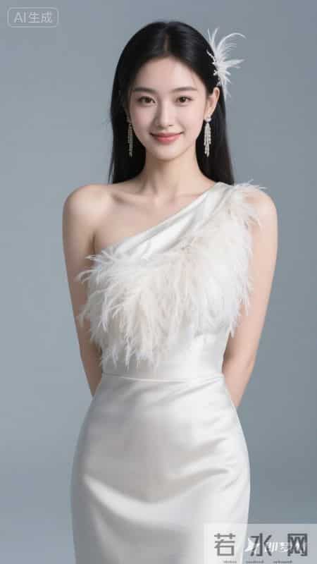 斜肩裙饰羽毛,缎面质感高级,温柔又显气质