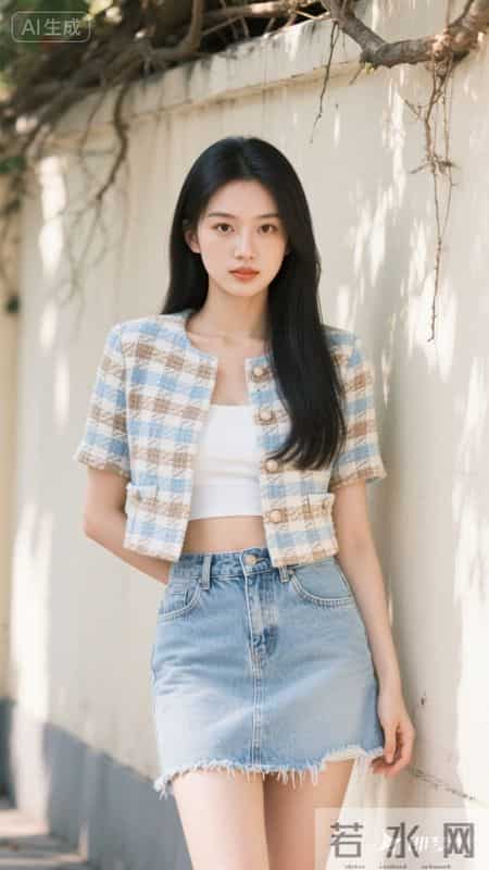 小香风外套配牛仔裙，在斑驳光影里，把优雅和随性穿在身上